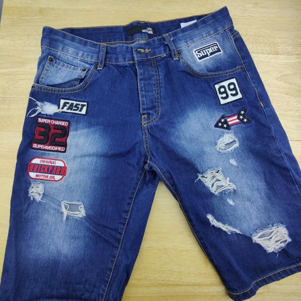 Vintage designer 'Moschino' denim patch racer shorts  men's 32